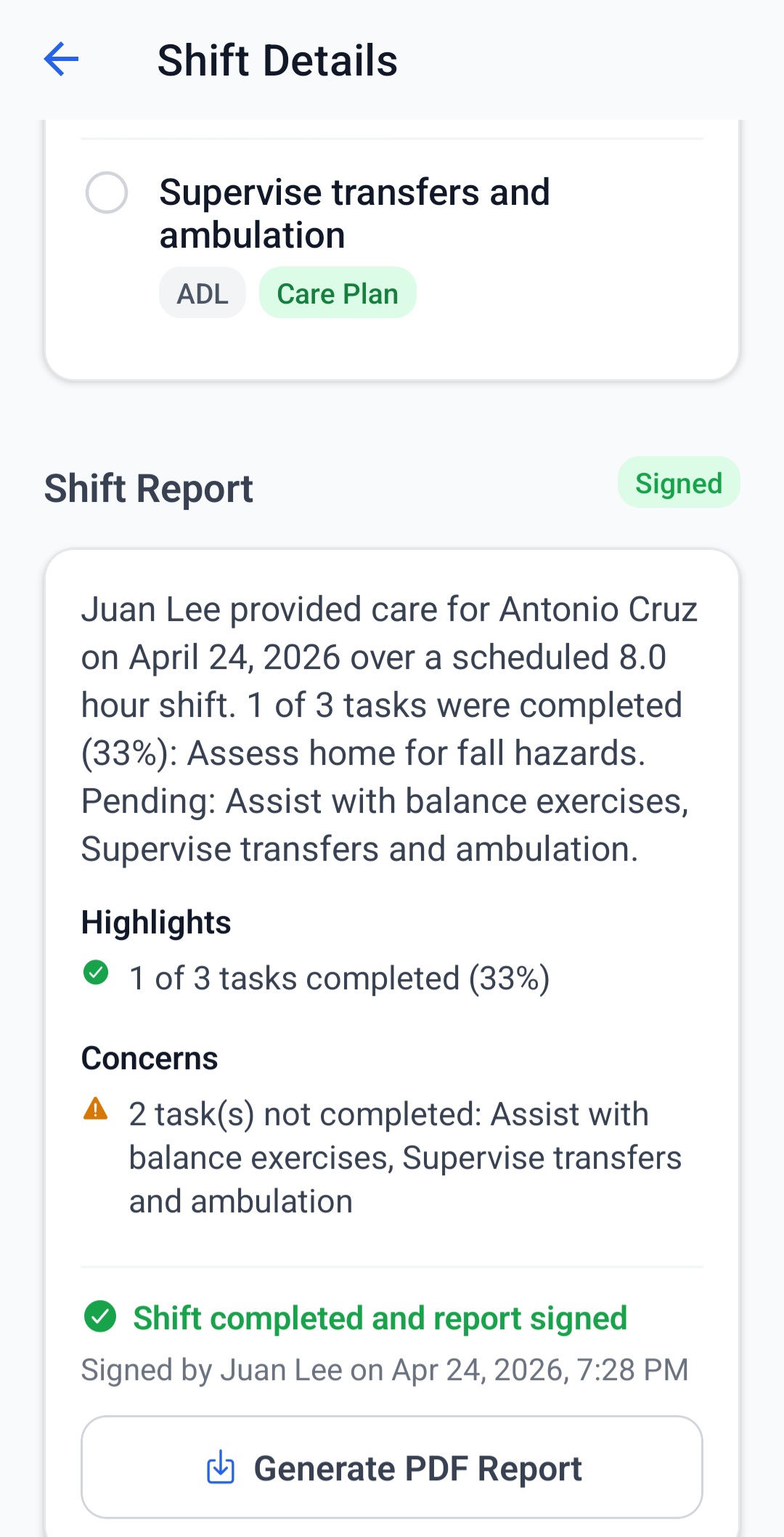 Shift signed and completed