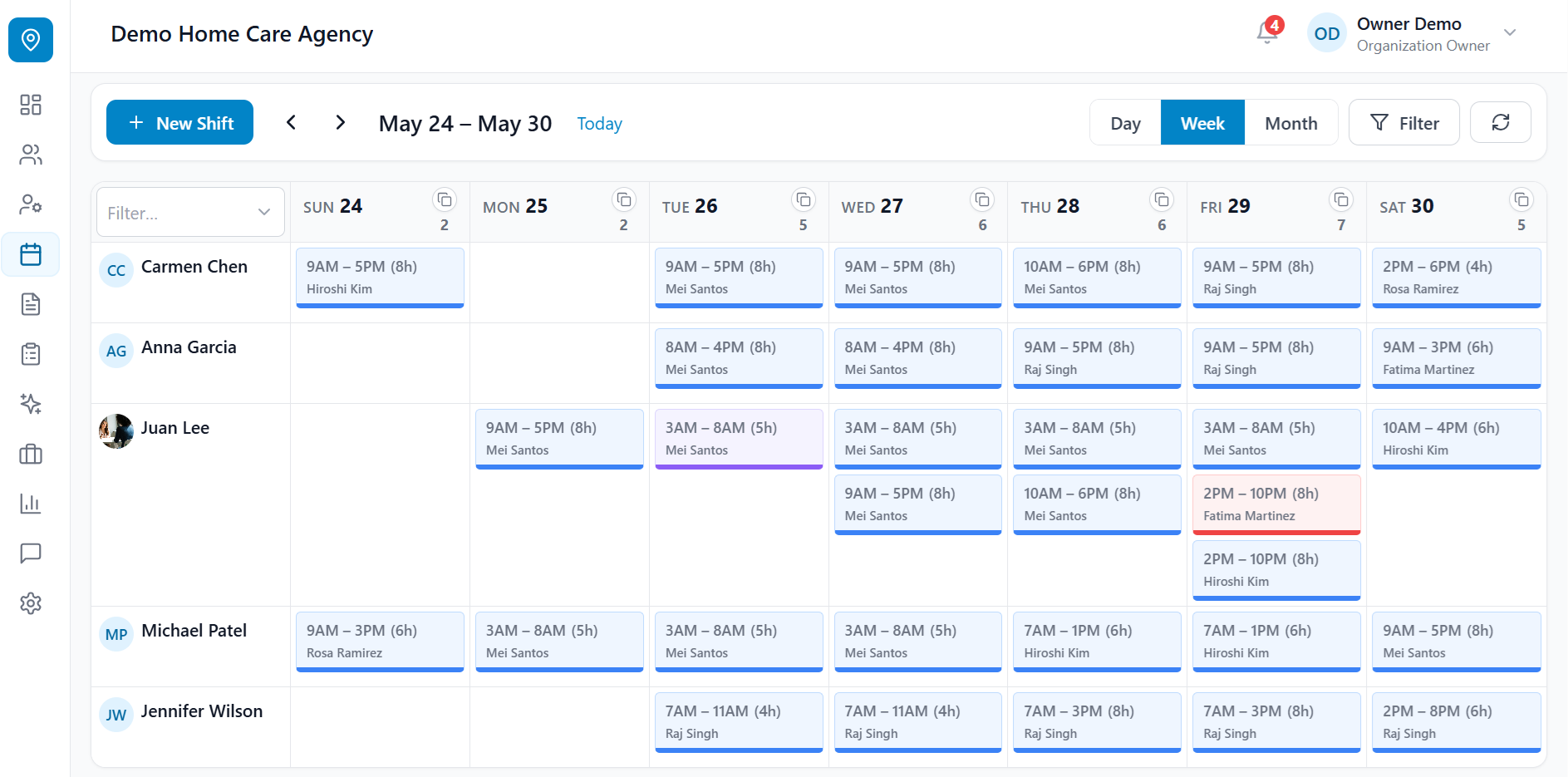 Weekly schedule with caregiver rows and day columns